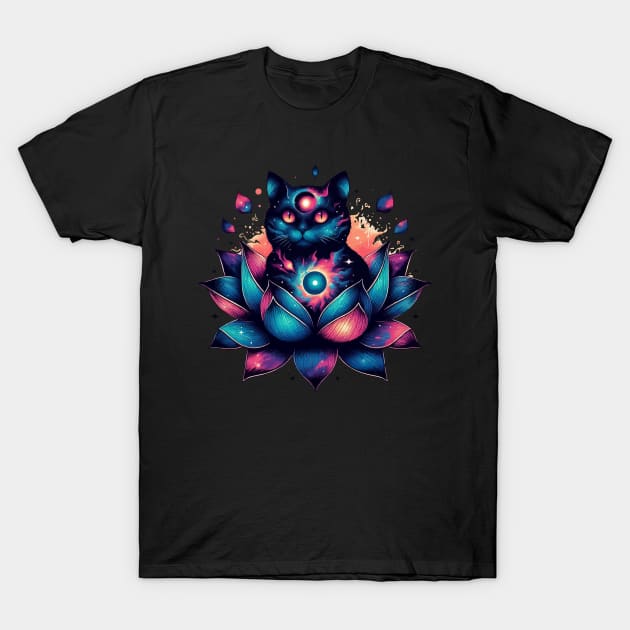 Colorful Abstract Cosmic Cat in Lotus Flower T-Shirt by TomFrontierArt